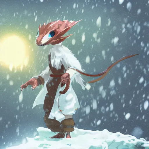 Prompt: white scaled kobold sorcerer standing in a blizzard, studio ghibli style, fantasy, colorful, 4k