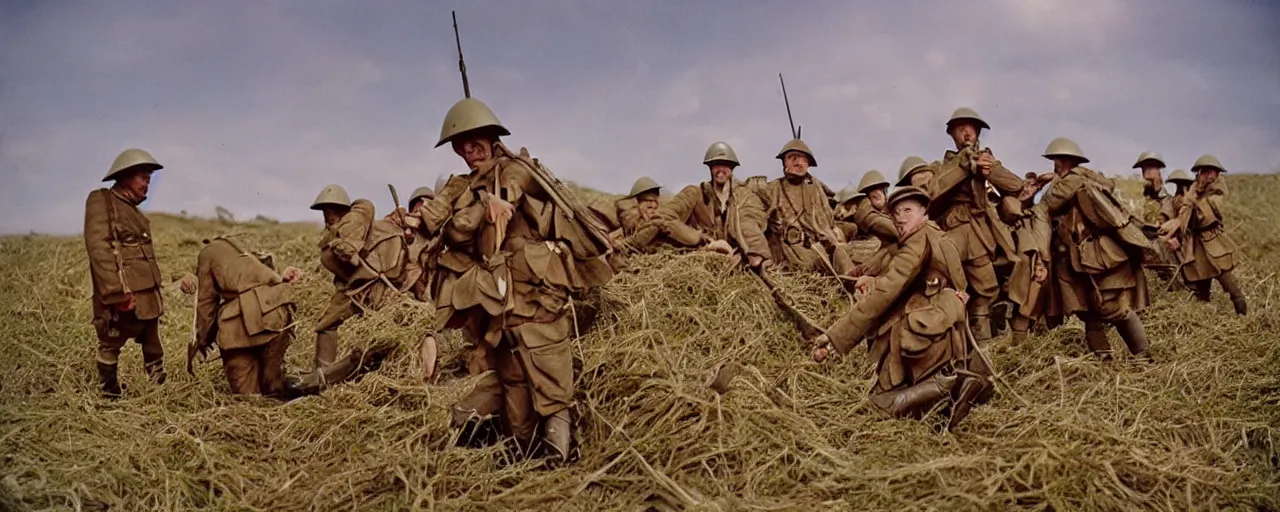 Image similar to battle of the somme with spaghetti, canon 5 0 mm, kodachrome, in the style of wes anderson, retro