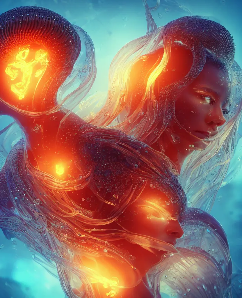 Image similar to close-up macro portrait of the face of a beautiful princess, epic angle and pose, symmetrical artwork, 3d with depth of field, blurred background, cybernetic jellyfish female face skull phoenix bird, translucent, nautilus, energy flows of water and fire. a highly detailed epic cinematic concept art CG render. made in Maya, Blender and Photoshop, octane render, excellent composition, cinematic dystopian brutalist atmosphere, dynamic dramatic cinematic lighting, aesthetic, very inspirational, arthouse. y Greg Rutkowski, Ilya Kuvshinov, WLOP, Stanley Artgerm Lau, Ruan Jia and Fenghua Zhong