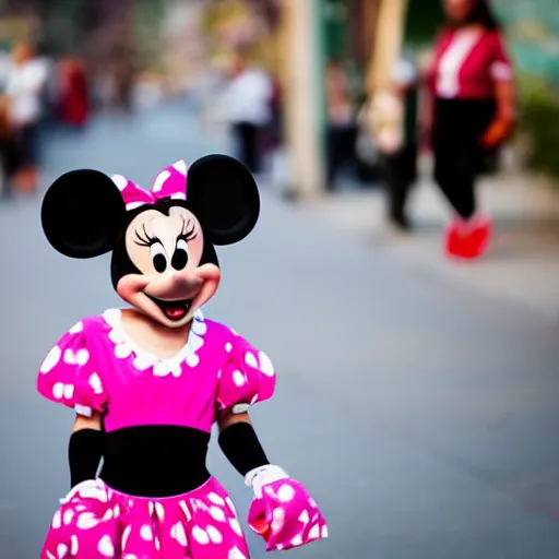Prompt: a real young Minnie Mouse , street photography