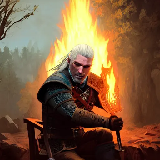 Image similar to geralt the witcher 3 sitting in front of a campfire at night alone warmth d & d fantasy intricate elegant highly detailed digital painting artstation concept art matte sharp focus illustration hearthstone art by artgerm art by greg rutkowski art by alphonse mucha