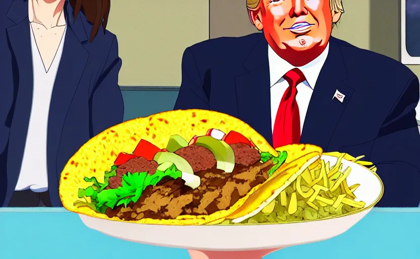 Prompt: beautiful makoto shinkai style digital film still portrait of donald trump giving a thumbs up behind a taco bowl, 4 k, 8 k, hd, high resolution, highly detailed, intricate detail, ultra realistic faces, digital art, trending on artstation, your name, weathering with you