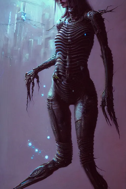 Image similar to a highly detailed long shot photo of cyberpunk female character by ayami kojima, elf, beksinski, giger, elf, gun, intricate, digital painting, artstation, concept art, smooth, sharp focus, full body