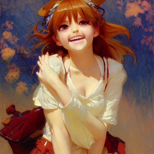 Prompt: a detailed portrait of an adorable anime girl, winking, smile coy, painting by gaston bussiere, craig mullins, j. c. leyendecker