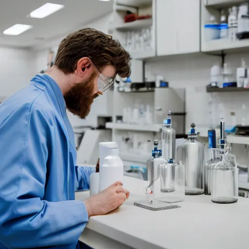 Image similar to white male with a short beard wearing a lab coat and drinking from a flask in a laboratory