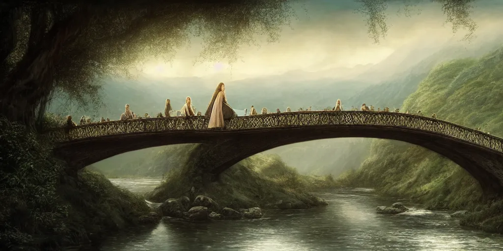 Image similar to , Arwen and Aragorn having a romantic moment on the bridge at Rivendell, evening, detailed matte painting, cinematic, Alan Lee, Artstation