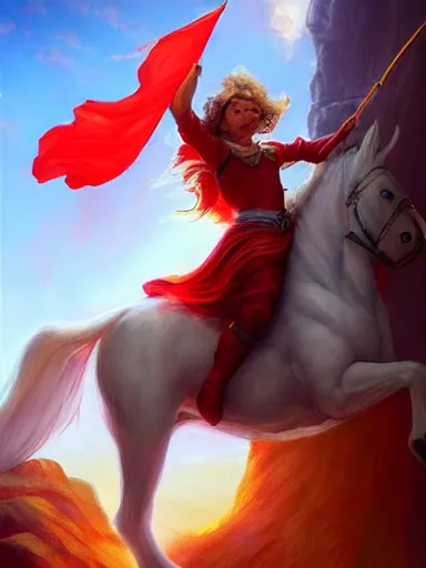 Prompt: the sun. a happy angelical todler, riding a white horse, holding a red banner. intricate, elegant, highly detailed, digital painting, artstation, concept art, sharp focus, illustration, by justin gerard and artgerm, 8 k