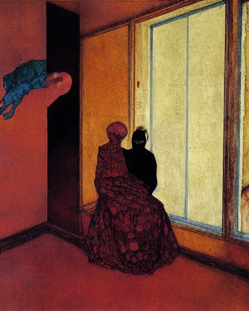 Prompt: early color photo of an old dead couple sitting in a living room in an old apartment and a man is looking through a window,  Beksinski impasto painting, part by Egon Schiele and Gerhard Richter. art by Francisco Goya and Takato Yamamoto,  Francis Bacon masterpiece