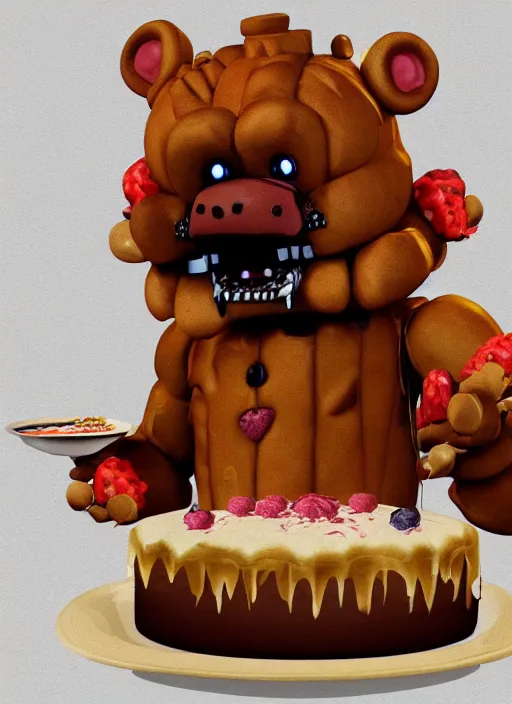 Image similar to Freddy Fazbear eating cakes, detailed digital art, trending on Artstation