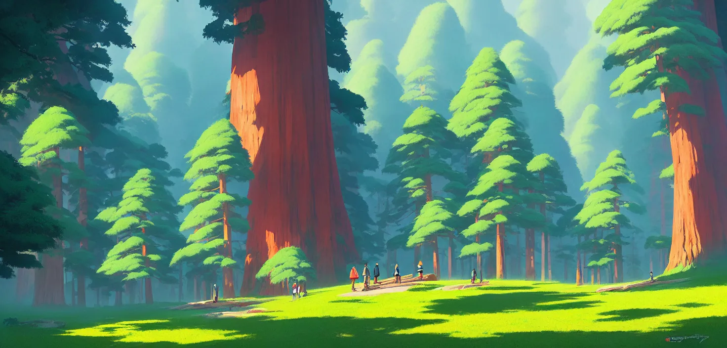 Image similar to Sequoia park in a colorful moutain with beautiful trees , no people, morning, by studio ghibli painting, superior quality, masterpiece, traditional Japanese colors, by Grzegorz Rutkowski, concept art