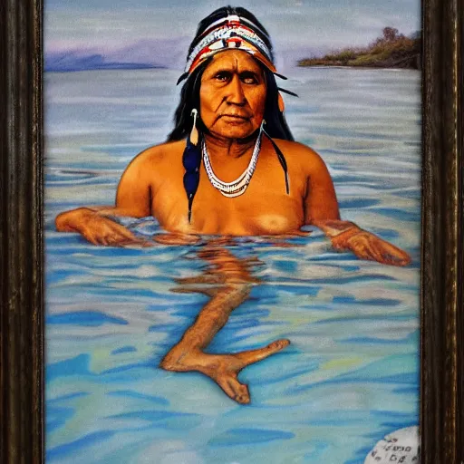 Prompt: full body, highly detailed, native indian woman swimming, painting