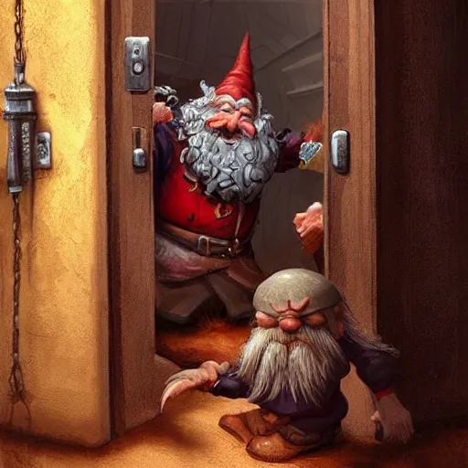 Prompt: a gnome with a brown beard smashing through a door with a battle axe, realistic, detailed, trending on ArtStation, by Gerald Brom