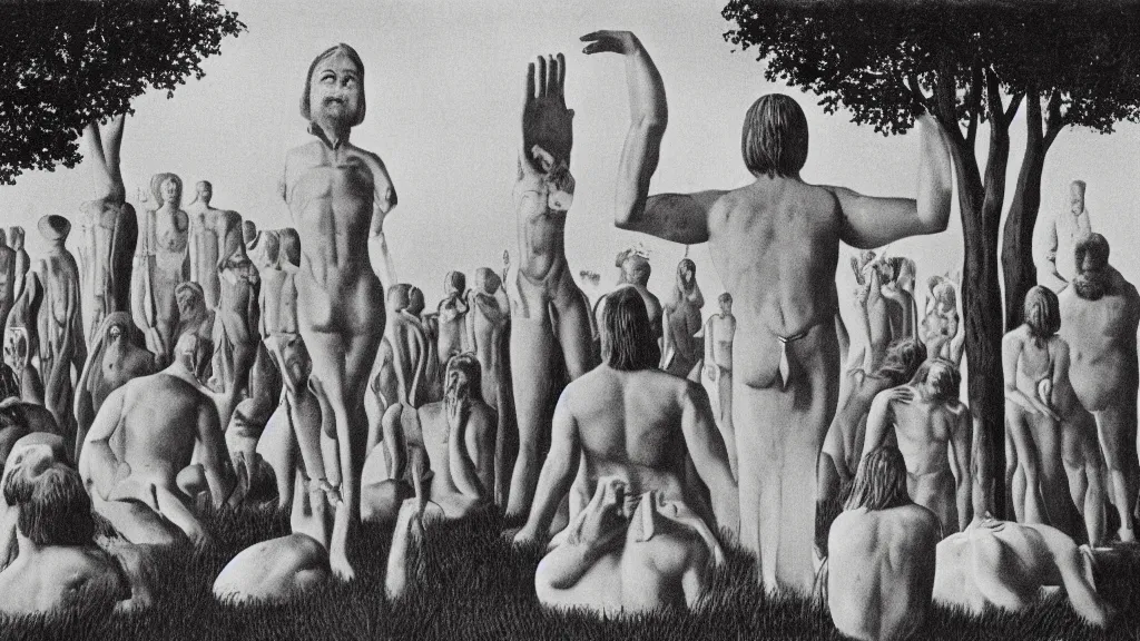 Image similar to A vintage scientific illustration from the 1970s of a Swedish cult performing a human sacrifice to the gods during the midsummer festival in Sweden in the summer on the meadows by René Magritte