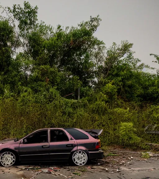 Image similar to crashed ek9 civic, abandoned in a derelict garage, dust mist, rural, damage, mold, greenery