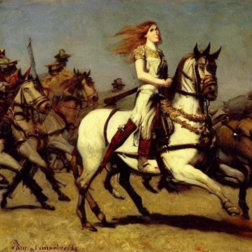 Prompt: action heroine leading an army by foot, by alfred stevens