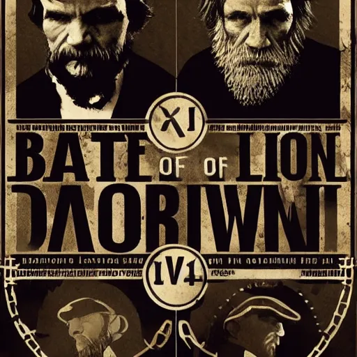 Image similar to battle of darwin vs tolstoy, ufc style poster. symmetry, awesome exposition, very detailed, highly accurate, professional lighting diffracted lightrays, 8 k, sense of awe