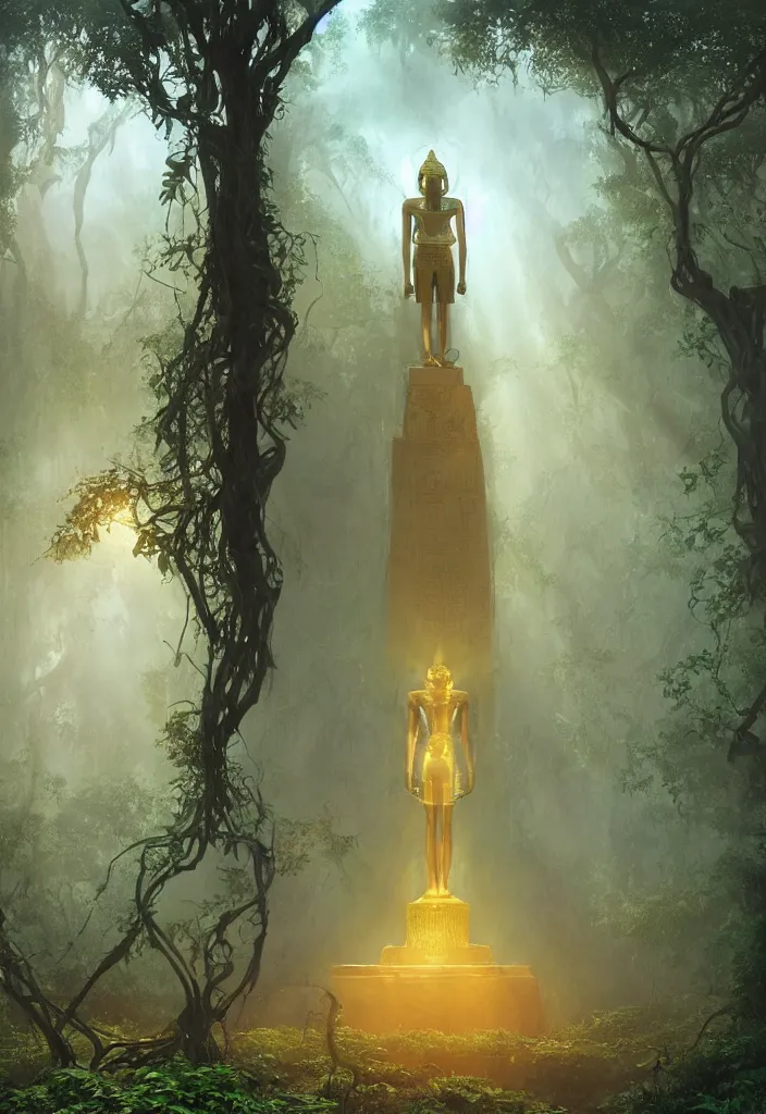 Image similar to an giant ancient golden statue of egyptian god of the sun in a strange mystical jungle surrounded by mist, accurate to egyptian tradition, aged and overgrowth of vines, symmetrical statue, small human in foreground, light rays breaking through tree canopy, dynamic lighting, emotional, hyper detailed, art by christophe vacher