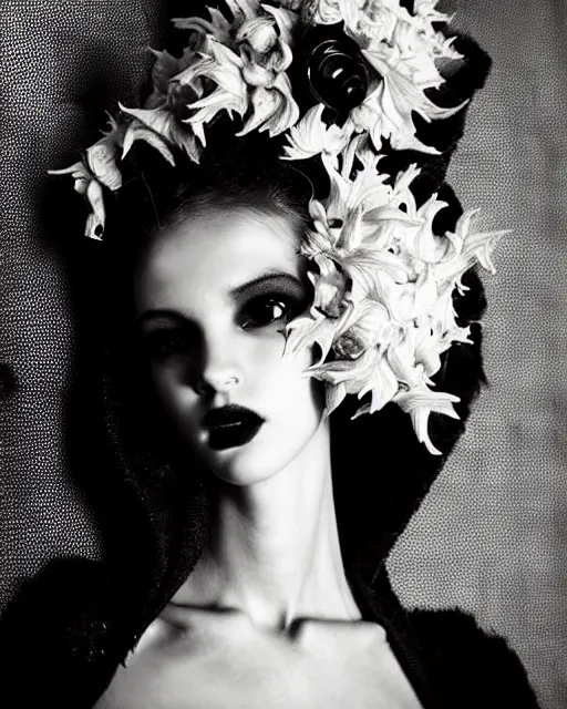 Image similar to dark background, a black and white high quality dreamy photo of a young beautiful female queen-dragon-vegetal-flower-cyborg bust with a very long neck, elegant, highly detailed, poetic, soft, dreamy, mysterious, high fashion, rim light, in the style of Ellen von Unwerth, Realistic, Refined, Digital Art, Highly Detailed, Cinematic Lighting, rim light, black and white, photo-realistic, 8K