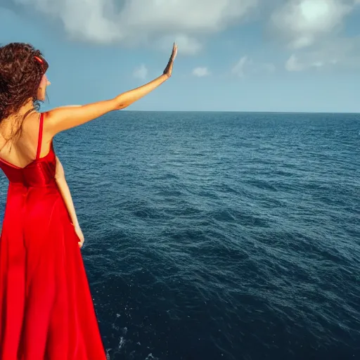 Prompt: woman with waving long hair, satin red dress, waist deep in the ocean, back view, first person view