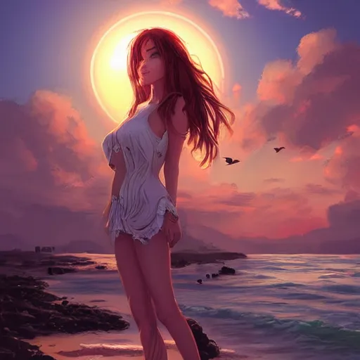 Image similar to portrait of beautiful woman on the beach, brown eyes, vomiting snakes, sunset, highly detailed, by wlop, rossdraws, artgerm.