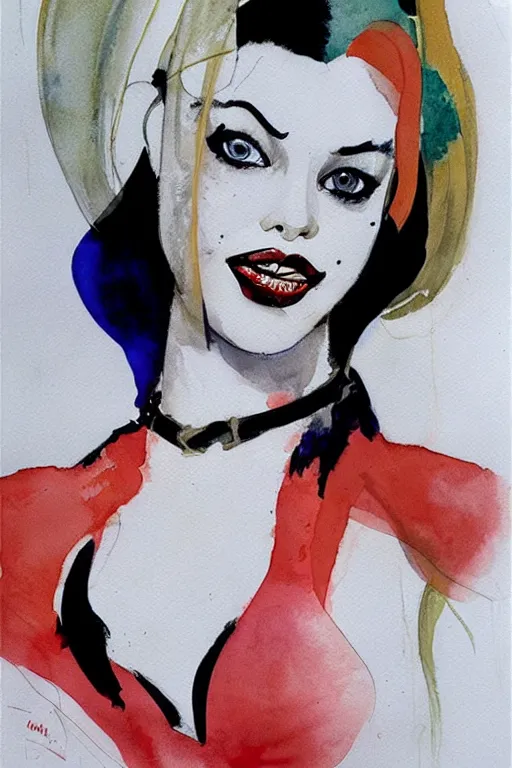 Prompt: beautiful portrait of Harley Quinn by Milo manara and David downton, colorless, silent, watercolor