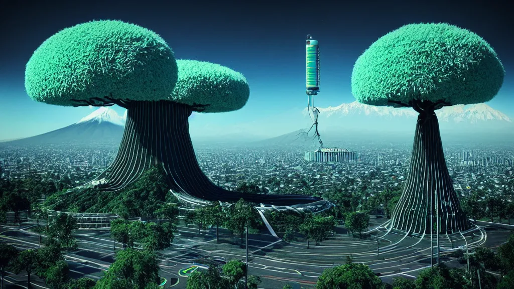 Prompt: Nuclear Nature harmony, Techno-Tree Covered Future version of the City Quito, Ecuador; by Oswaldo Moncayo; by Beeple