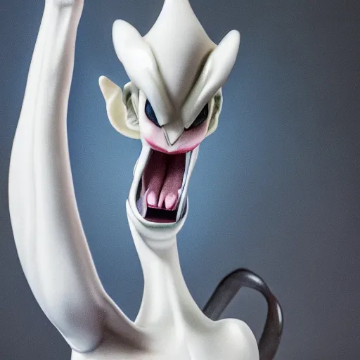 Image similar to a scary portrait of mewtwo, hyper realistic, 1 0 0 mm, studio lighting