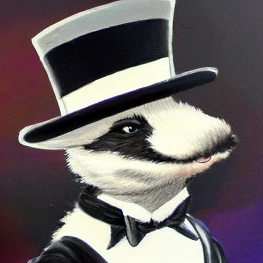 Prompt: a painting of pepe le pew in a tuxedo and a top hat
