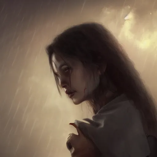 Prompt: impudent facial expression of shameless woman, shadow of the cross, atmosphere of bloody rain, trending on artstation, highly detailed, digital painting, volumetric light, concept art, sharp focus, illustration