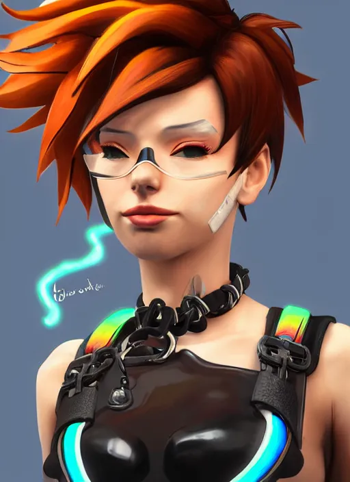 Image similar to portrait bust digital artwork of tracer overwatch, wearing black iridescent rainbow latex tank top, 4 k, expressive happy smug expression, makeup, in style of mark arian, angel wings, wearing detailed black leather collar, chains, black leather harness, detailed face and eyes,
