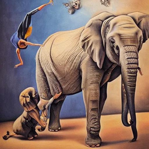 Image similar to in the style of painter salvador dali circus of animals playing, Surrealism painting, hyperrealism, large elephant plays, high details, everything sharp focus, photorealism, real photo