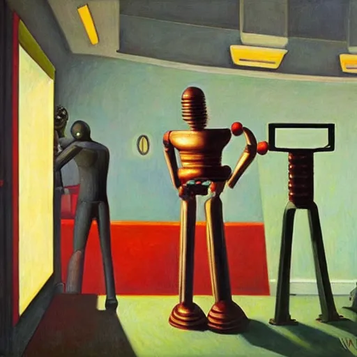 Image similar to robot overlords, grant wwood, pj crook, edward hopper, oil on canvas