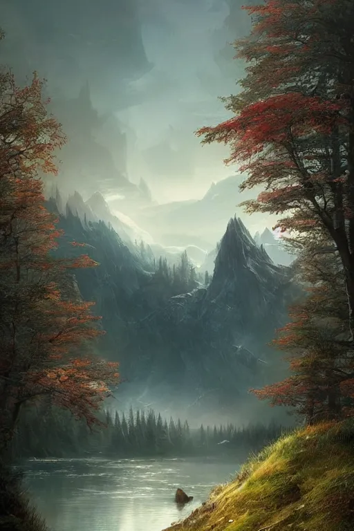 Image similar to beautiful matte painting by arthur gurin concept art fantasy path mountains and meadow in the background near a lake reflecting the trees, atmospheric lighting, painted, intricate, volumetric lighting, beautiful, rich deep colors masterpiece, sharp focus, ultra detailed by