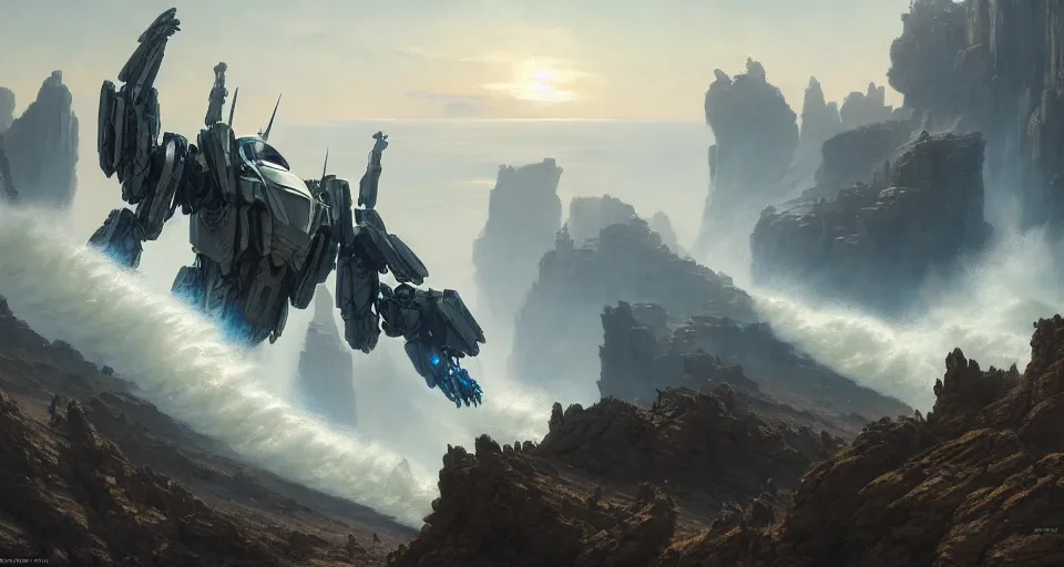 Image similar to hyper realistic sci - fi matte concept art painting of mecha on a cliff overlooking a raging battle, beautiful details, strong composition painted by kim jung guweta studio rutkowski, james gurney and greg rutkowski, and lucasfilm, smooth, intricate, detailed, sharp focus, cinematic