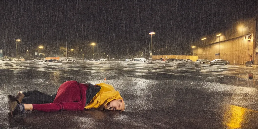 Image similar to person laying in a parking lot on a dark night while rain is drizzling with blaring yet dim lights, highly detailed, ultra hd