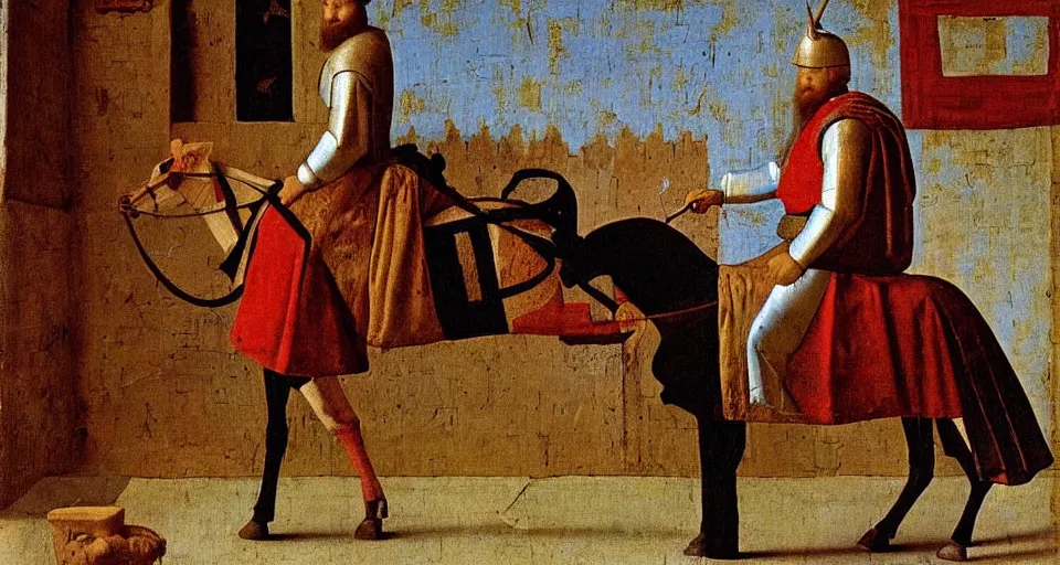 Prompt: a knight riding a wooden horse, medieval painting by Jan van Eyck, Johannes Vermeer