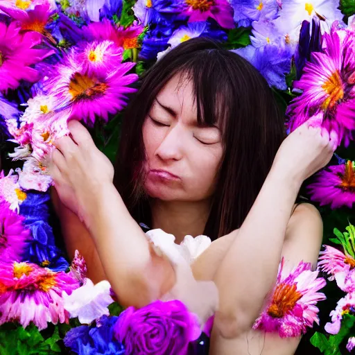 Image similar to epic warrior dying with flowers, sharp focus, hd