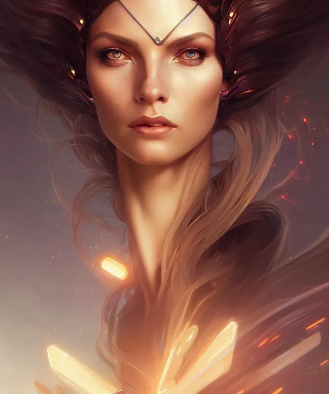 Image similar to futuristic woman portrait, sci-fi, amber eyes, face, long hair, fantasy, intricate, elegant, highly detailed, digital painting, artstation, concept art, smooth, sharp focus, illustration, art by artgerm and greg rutkowski and alphonse mucha