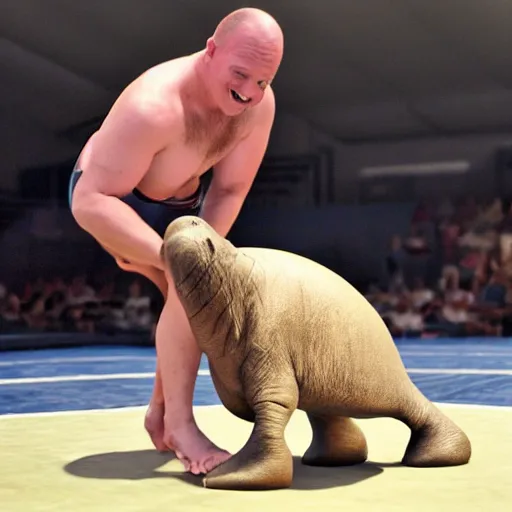 Prompt: tiny phil hawkins wrestles a walrus