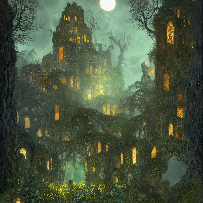 Image similar to ancient overgrown! ruins lit by moonlight!, twilight, medieval gates, runestones, beautiful lanters, mysetrious etherial mesmerizing runic!! cat eyes, magical elven geometry, concept art by gustav klimt!, deviantart contest winner, environmental art, high detail, intricate masterpiece