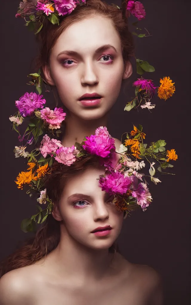 Image similar to a gorgeous young woman from the future adorned with flowers, creative studio portrait photography with wildly experimental lighting from various sources, cinematic, dramatic, in the style of WLOP and Norman Rockwell