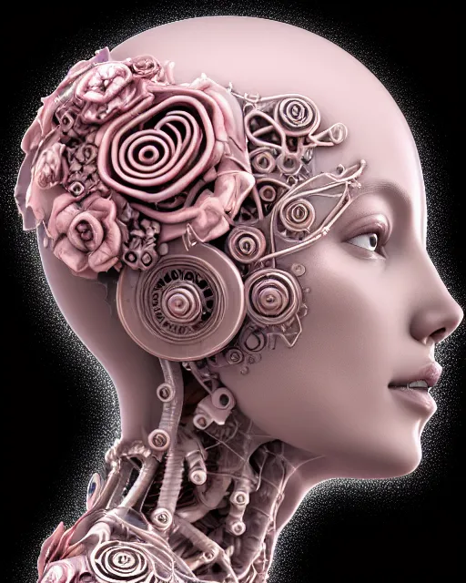 Image similar to mythical dreamy organic bio - mechanical spinal ribbed profile face portrait detail of translucent steampunk beautiful intricated monochrome angelic - human - queen - vegetal - cyborg, highly detailed, intricate translucent pale pink ivy jelly ornate, poetic, translucent roses ornate, 3 d render, digital art, octane render, 8 k artistic photography