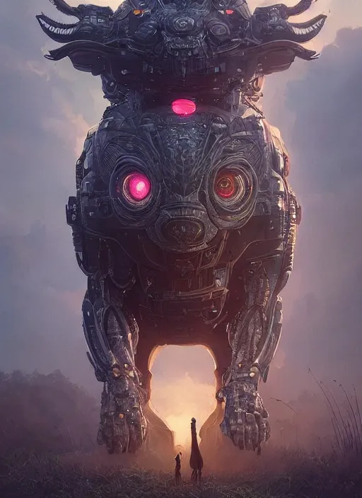 Image similar to giant cyborg cat on a dusky land, art by artgerm and greg rutkowski, cinematic shot, intricate, ornate, photorealistic, ultra detailed, trending artstaition, realistic, 1 0 0 mm, photography, octane, high definition, depth of field, bokeh, 8 k