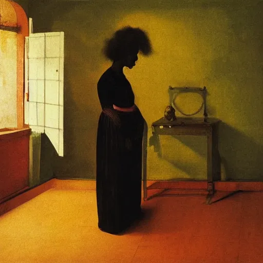 Prompt: a black girl in a gold haunted liminal room, digital painting by goya and balthus, colors by pontormo, lights by hopper, extreme detail, liminal aesthetic, background art nouveau,