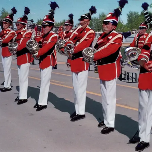 Image similar to photograph of madison scouts drum and bugle corps drum line from 1 9 9 2 warming up beside a madison scouts drum and bugle corps tour bus, photorealism, detailed