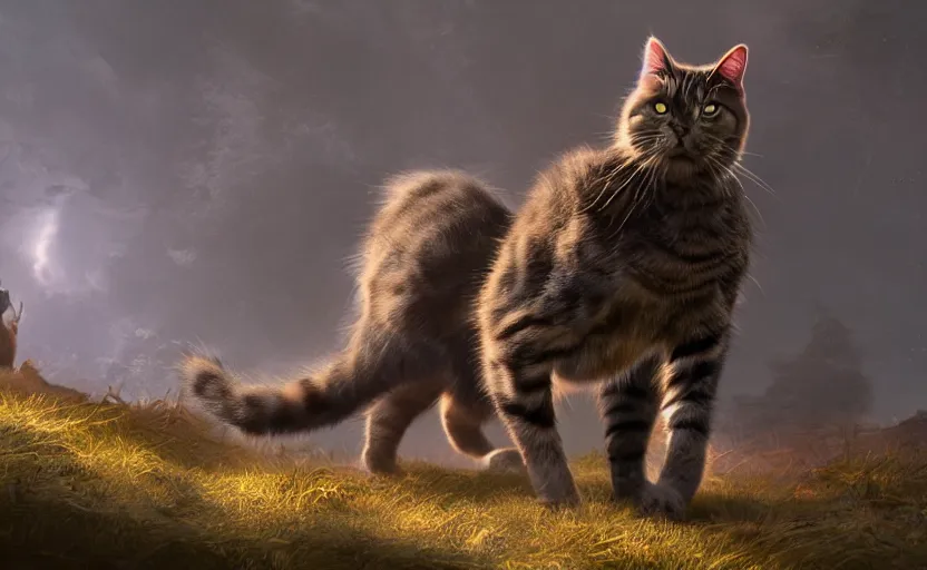 Image similar to a cat wearing a small satchel on an epic quest strolling through the landscape. painting, fantasy, fur shader, dramatic lighting, dawn, 8 k, sharp focus, global illumination, paid artwork, portfolio, detailed and intricate environment