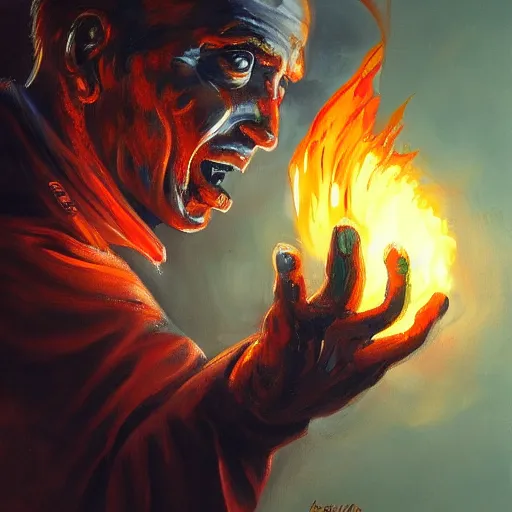 Prompt: a painting of a man with fire coming out of his mouth, shock art, apocalypse art, artstation hq