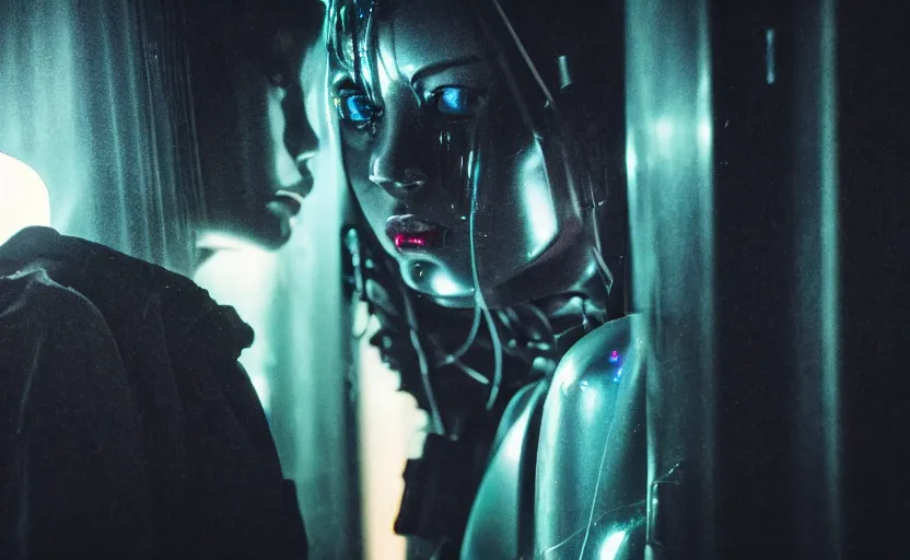 Image similar to cinestill 5 0 d candid photographic portrait by stanley kubrick of two loving female androids sobbing wearing rugged black mesh techwear in treacherous city waters, medium closeup, retrofuturism cyberpunk moody emotional cinematic, pouring iridescent rain bright spotlight, 8 k, hd, high resolution, 3 5 mm, f / 3 2, ultra realistic faces, ex machina