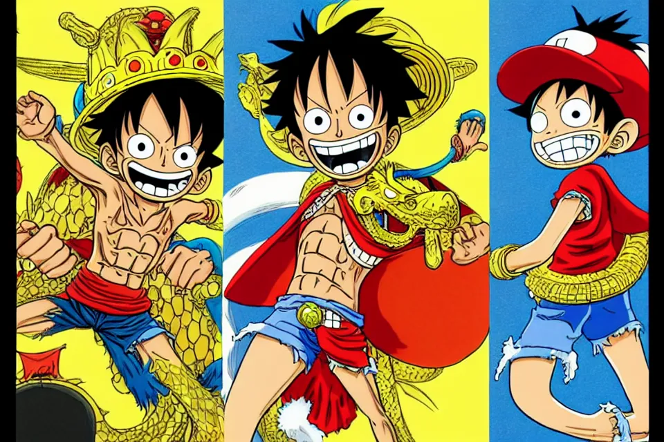 Image similar to concept sketches of luffy wearing a gold crown riding a large dragon by jamie hewlett, in the style of megaman, micro detail, disney