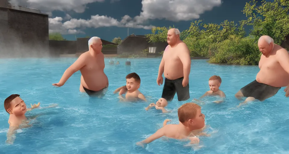 Image similar to digital art painting of exactly three adult brothers and their slightly overweight older father in an icelandic swimming pool , unreal 5, DAZ, hyperrealistic, octane render, volumetric clouds dynamic lighting